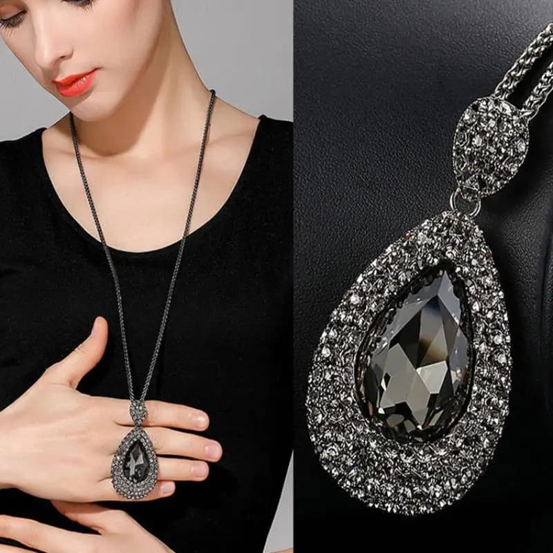 [HS].Vintage Long Chain Pendant Necklace For Women Fashion Gray Water Drop Crystal Sweater Chain Party Jewelry Gift