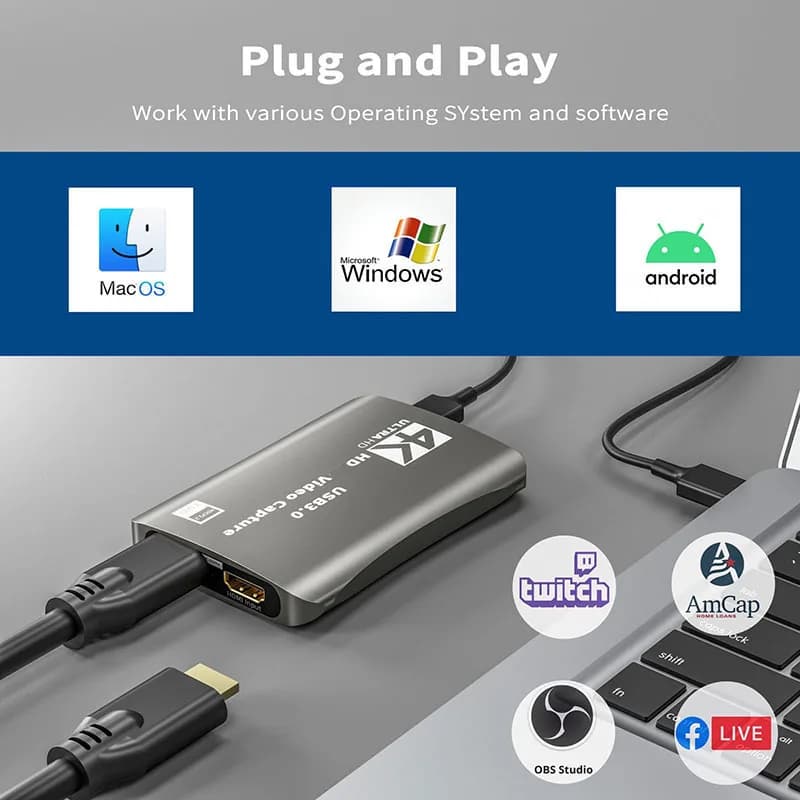 USB 3.0 HD Video Capture CardLoop-out HDMI-compatible with Audio Mic Streaming for PS4 5 4K 60fps Nintendo Switch Game Capture