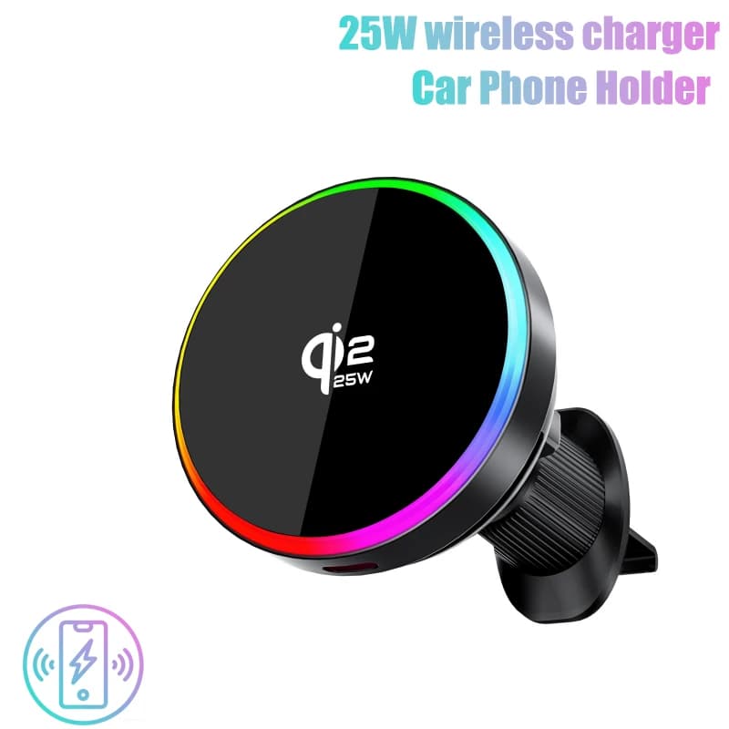 Caricabatterie Wireless Magnetico da 25W per Auto con Supporto per Telefono da Bocchetta dell'Aria e Luce Ambientale RGB per iPhone 17 16 Pro Max 15 14 13