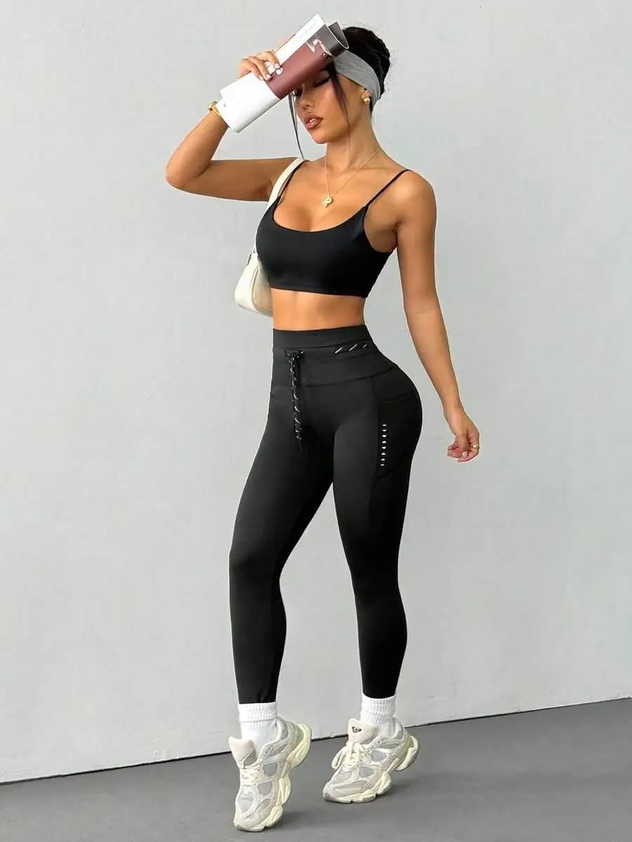 Leggings da donna a tinta unita con coulisse in vita e tasche, casual, per fitness e yoga
