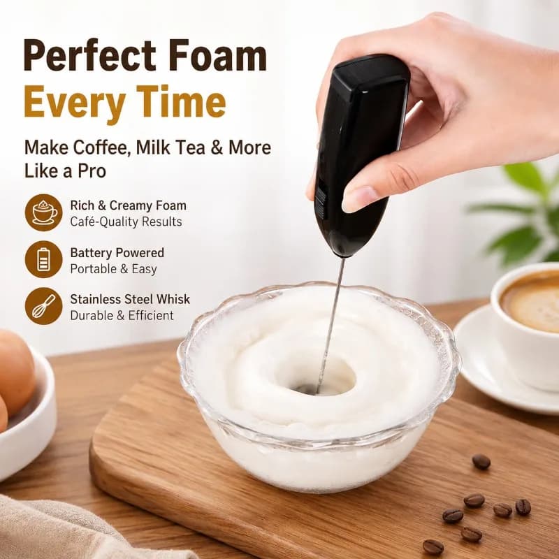Electric Egg Beater Milk Frother for Coffee, Stainless Steel Handheld Mixer, Battery-Powered Foam Maker for Milk Tea