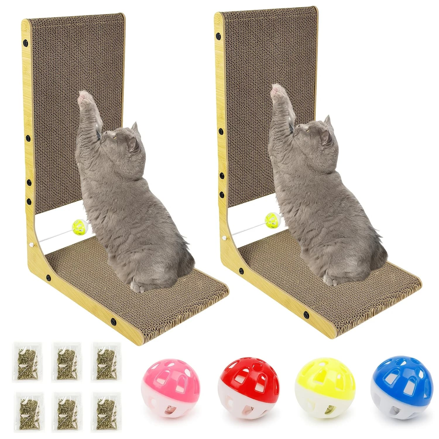 2 Pezzi Tiragraffi per Gatti a L da 60 cm, Tiragraffi da Parete in Cartone Resistente con Giocattolo a Sfera per Interni