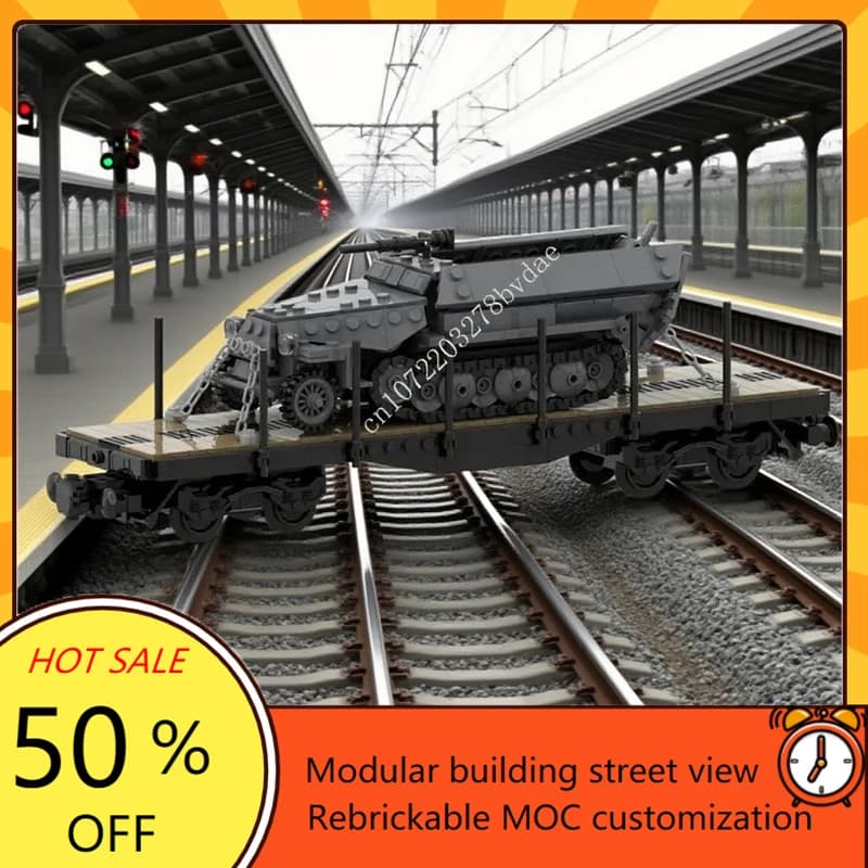 717PCS Treno Ferroviario Serie MOC WW2 Palo Carro Trasporto Treno Modello Puzzle Personalizzati FAI DA TE Collezione Creativa Giocattoli Regalo Di Compleanno