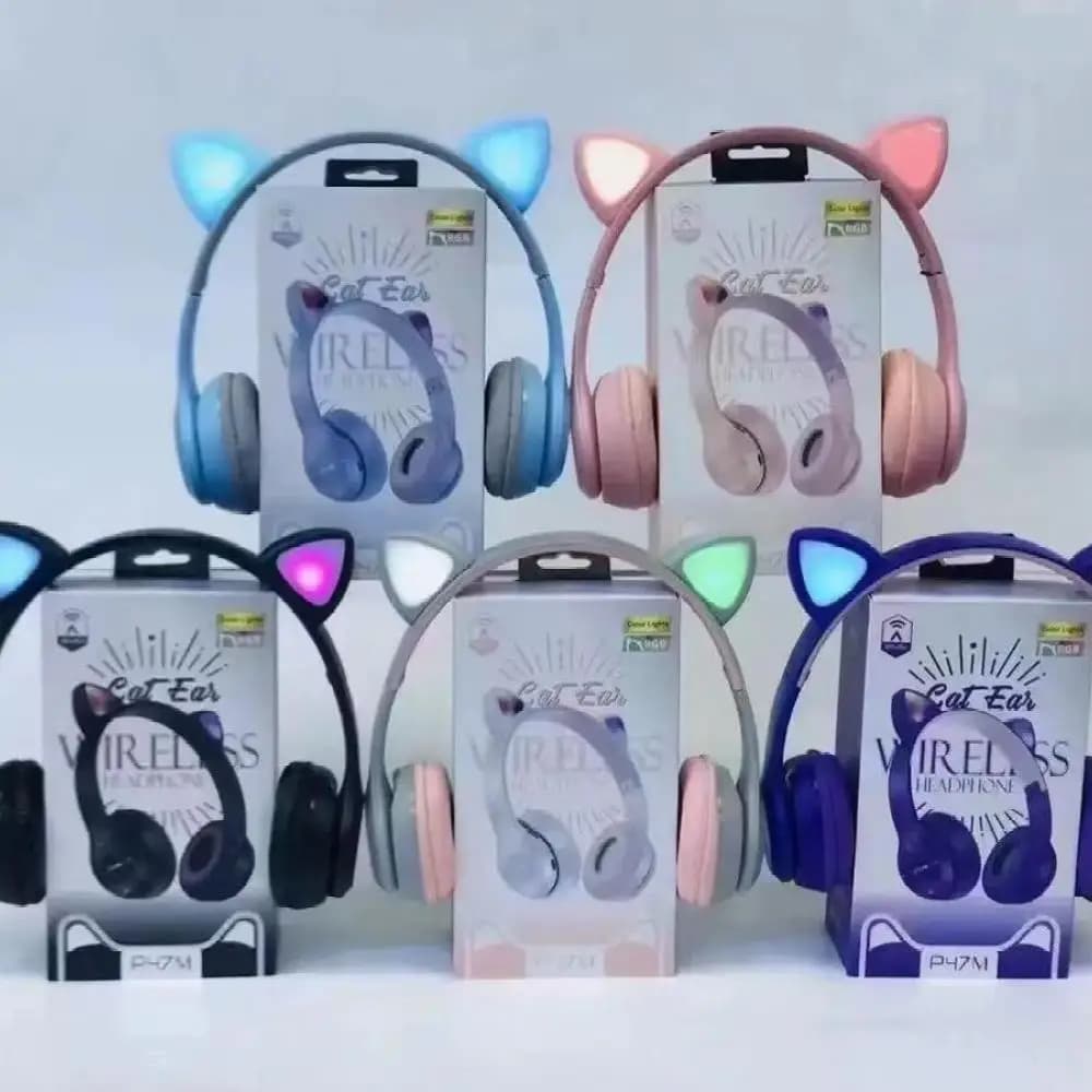 P47M Wireless Bluetooth Headphones Cat Ear Glowing Led Light Over Ear Gaming Stereo Music Headset Suitable For Kids