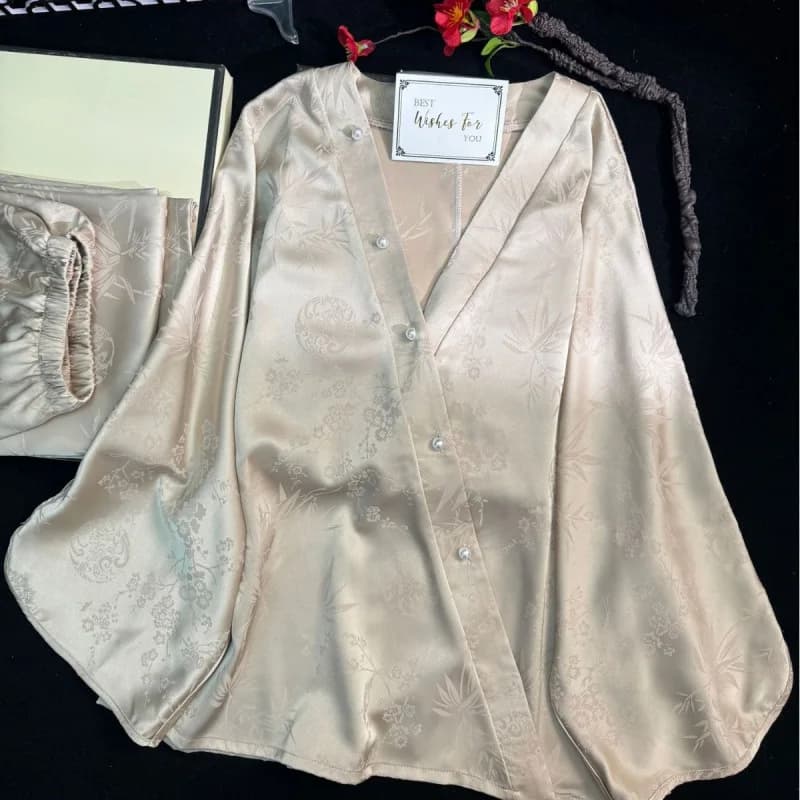 Women's Spring Autumn National Style French Luxury V-neck Loose Jacquard Home Clothes Set Sexy Chemise Sleepwear Nightwear