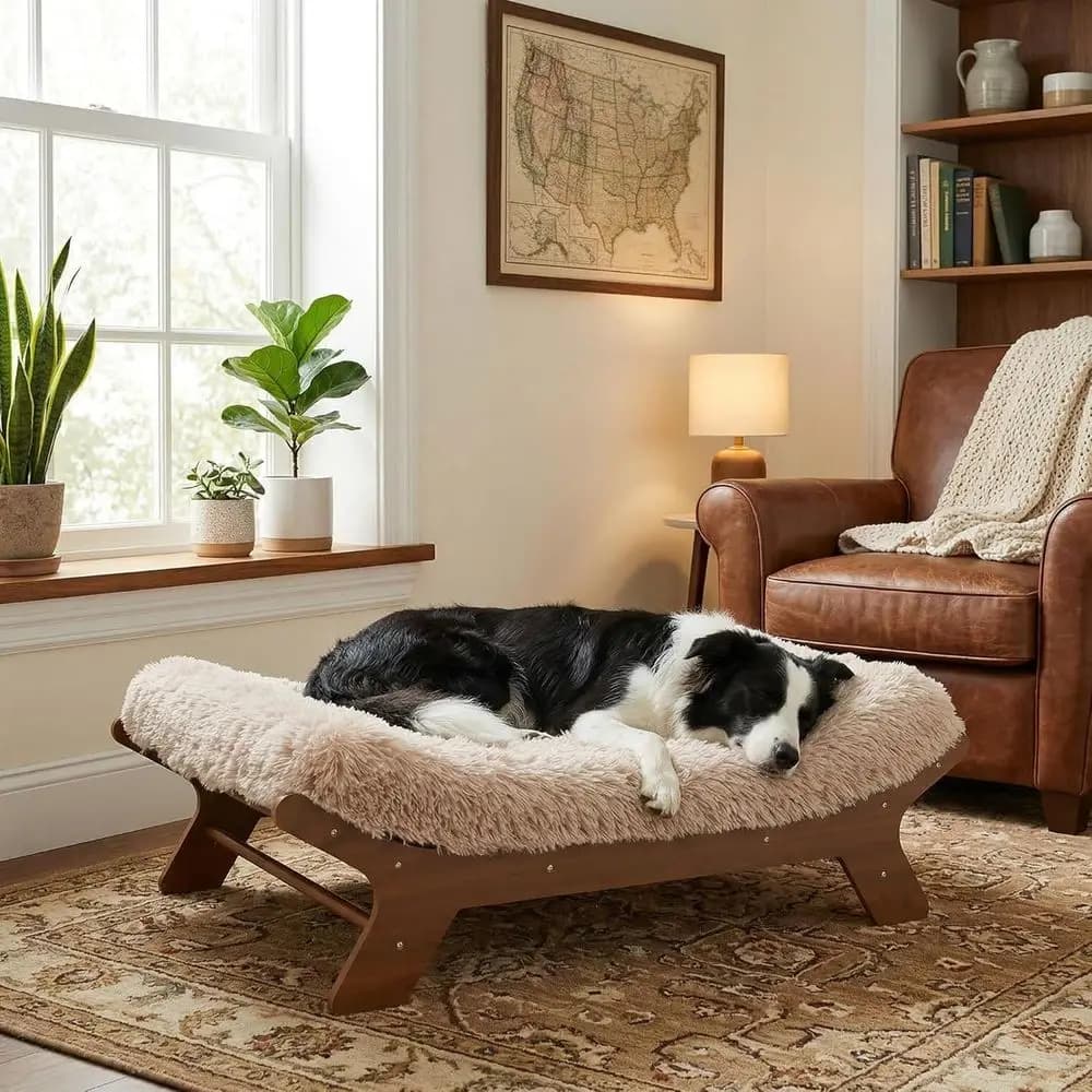 Cuccia rialzata per cani in legno con materasso in schiuma a nido d'ape, lussuosa, adatta per animali fino a 36 kg, venatura noce, L