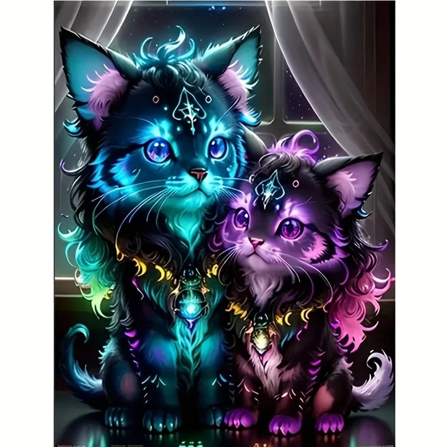 5D DIY Neon Magic Cat Collection Diamond Painting, Blue Purple Glowing Pet Wall Art for Living Room Bedroom Home Decor
