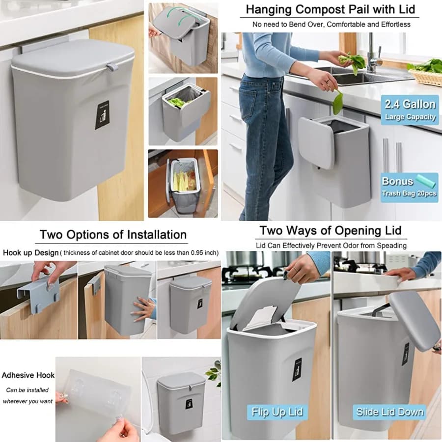 Contenitore per Compost da Cucina da 2,4 Galloni per Piano di Lavoro o Sotto Lavello, Piccolo Cestino Appeso con Coperchio per Armadio/Bagno/Camera da Letto/Ufficio/Campeggio, Secchio per Compostaggio da Interno Montabile, Grigio