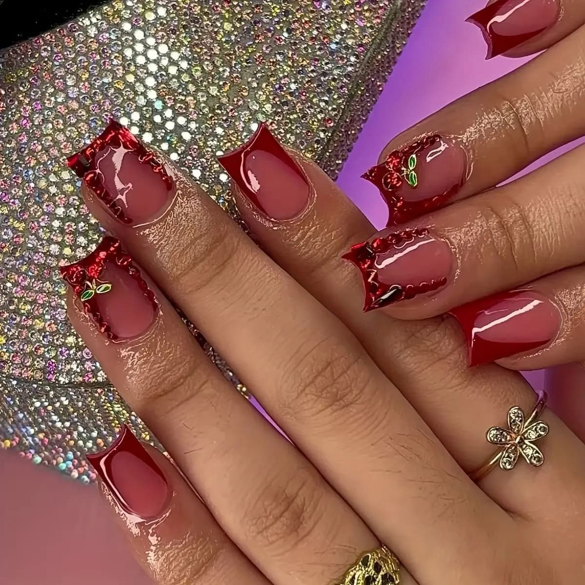 24 pcs fake nails finished french red short square fingernails fake art simple design with cherry diamonds ballet print on detachable nails