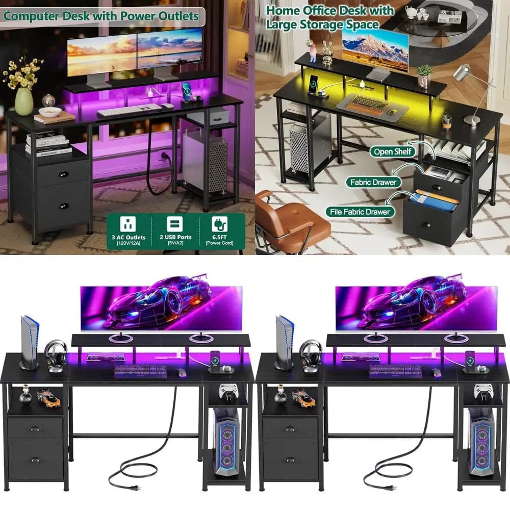 Large black gaming desk with LED lights, power outlets, storage shelves and monitor support for home office