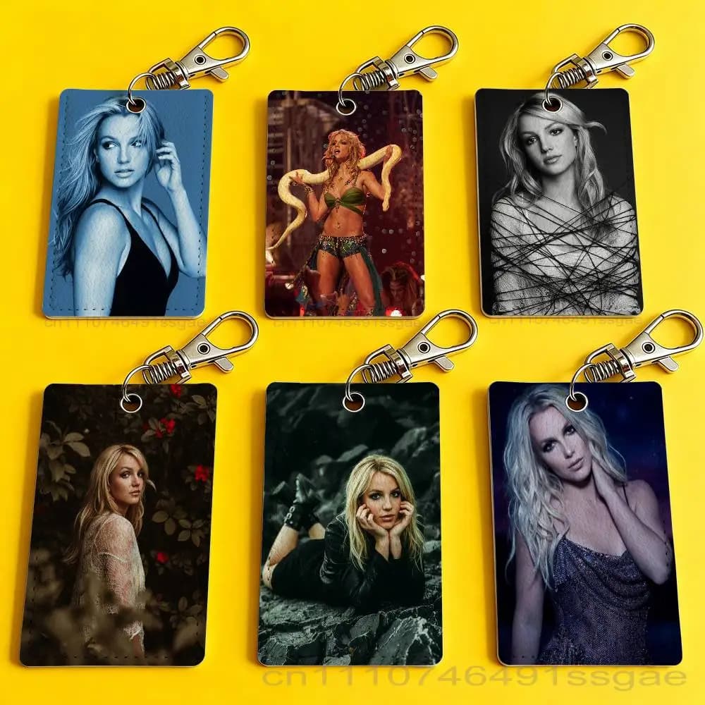 B-Britney Singer S-Spears Rectangle Card Case Keychain Access Card Bag Key Tag Ring Leather Card Holder Key Ring Access