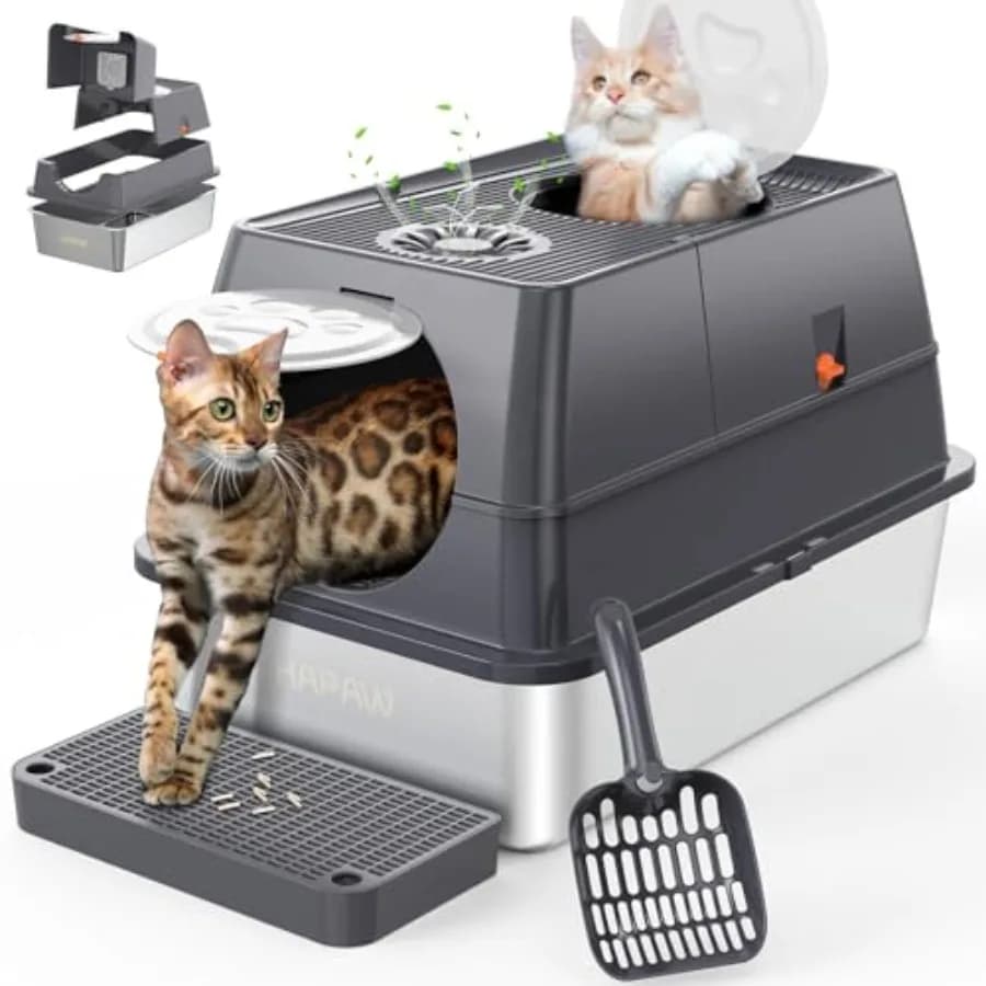 135 ° Lettiera per Gatti in Acciaio Inossidabile con Coperchio Ribaltabile, Extra Large, Chiusa, con Ingresso Frontale e Superiore