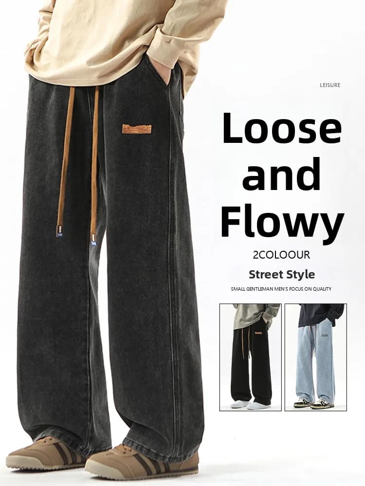 Jeans da Uomo American High Street, Autunnali, Gamba Larga e Dritta, Stile Trendy Hong Kong, Pantaloni Lunghi Casual in Misto Cotone