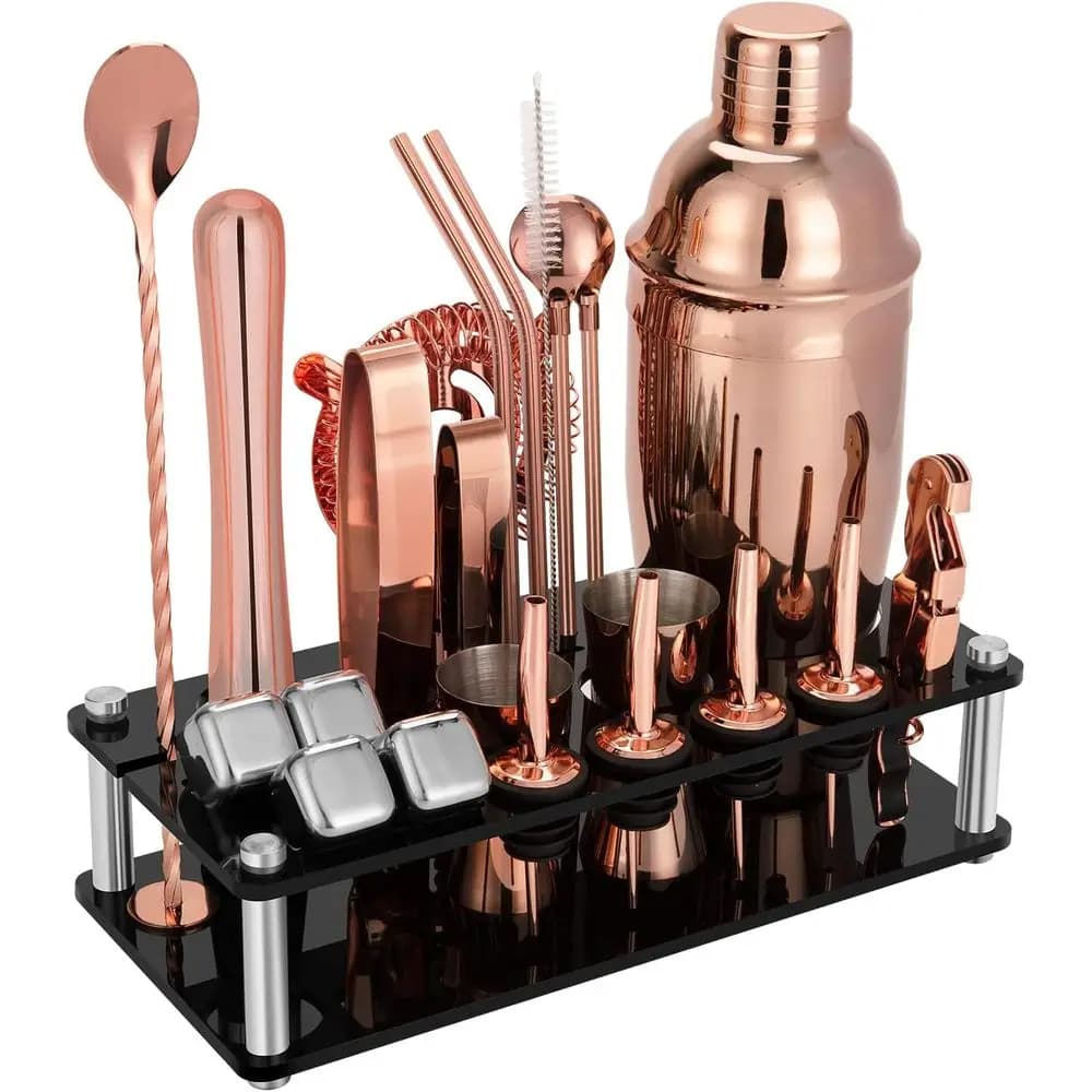 Set Premium da 23 Pezzi per Cocktail con Supporto in Acrilico, 4 Pietre per Whisky e Ricette - Oro Rosa per Casa e Feste