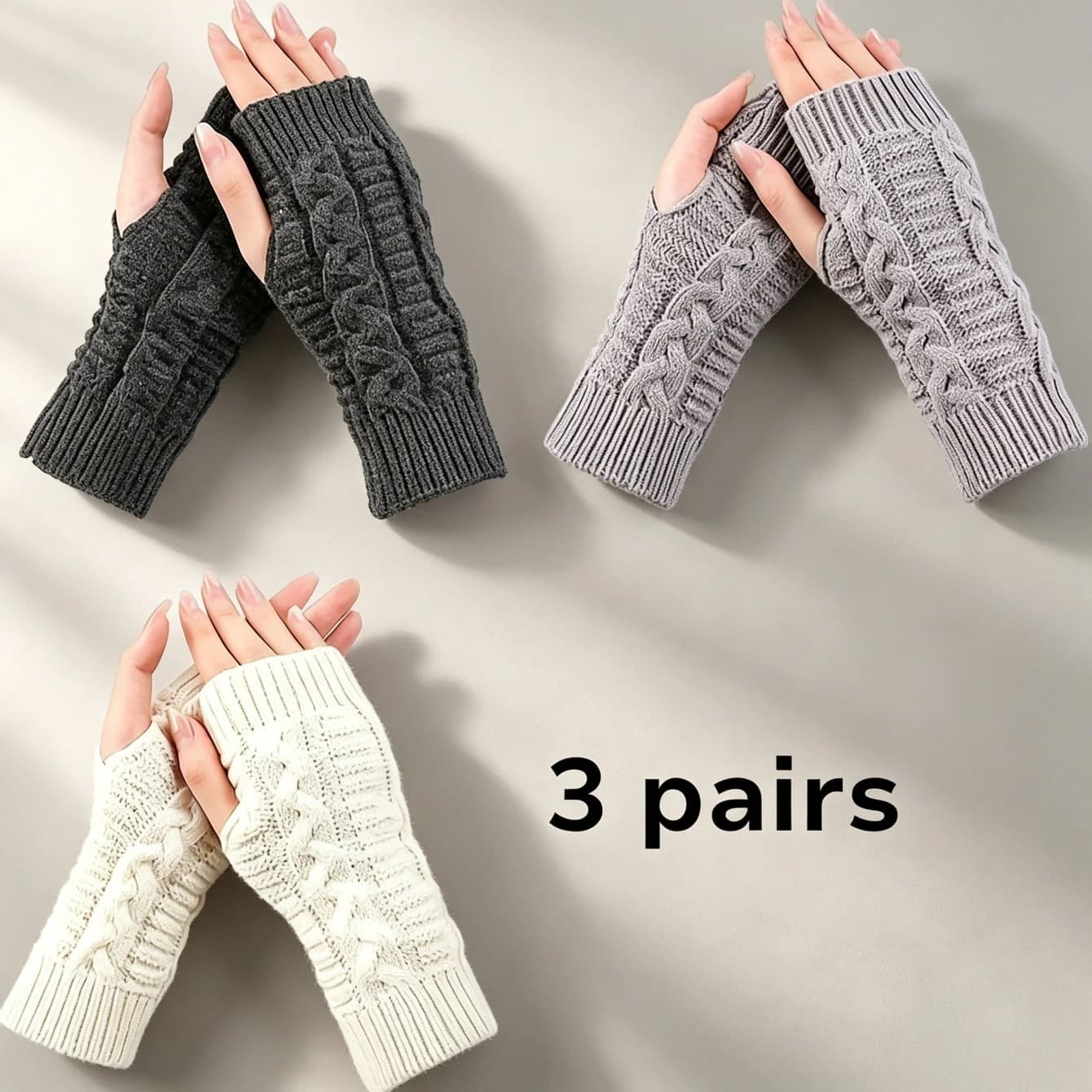 3 Pairs of Women's Warm Fingerless Gloves, Available in White/Dark Gray/Grey, 3 Colors to Choose from Winter Wrist Warmers with Thumb Holes, with Crochet Hooks, for Arm Warmth.