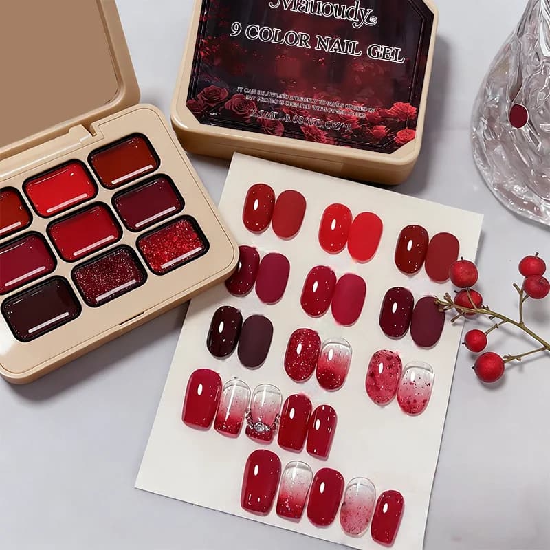 Set di smalti per unghie solidi appiccicosi rosso vino a 9 colori - Nuove tendenze: rosso pomodoro, rosso ciliegia, smalto solido a griglia a nove quadrate