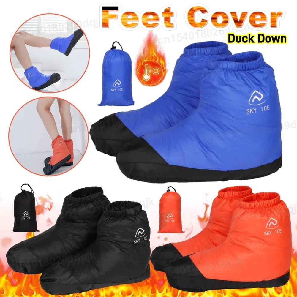 Stivaletti ultraleggeri Copri scarpe in piuma d'anatra Pantofole da tenda da esterno Calzini invernali nel sacco a pelo 90% piumino d'anatra bianco