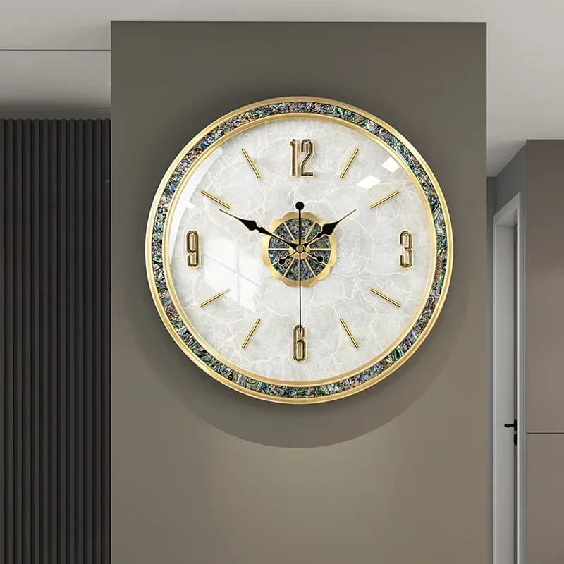 Luxury brass wall clock Creative round watch with shell Digital pointer Wall clock on one side Home living room decoration