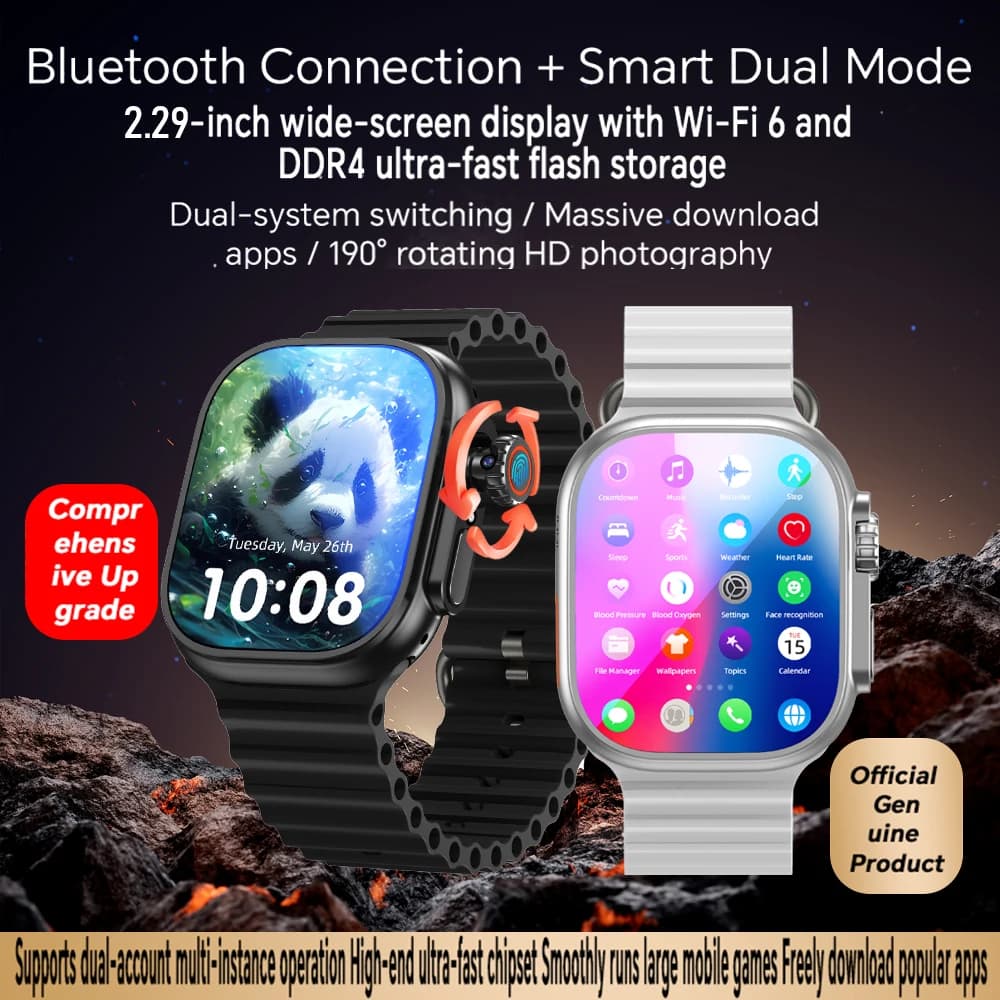 Smartwatch Ultra 4 Originale con Display Amoled da 2,29 Pollici, 4G e 190 Funzioni ° Fotocamera Rotante, Sblocco con Impronta Digitale, Slot per Scheda SIM, GPS, WIFI