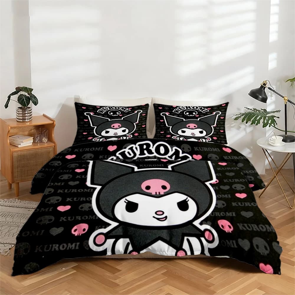 Set di biancheria da letto con stampa digitale ad alta definizione da 3 pezzi con motivo Kuromi, set copripiumino con design floreale grande, include 1 copripiumino + 2 federe, adatto per camera da letto, camera degli ospiti, decorazioni per la casa, copripiumino + federa in fibra di poliestere, biancheria da letto ultra morbida, tessuto spesso, adatto a tutte le stagioni, lavabile in lavatrice