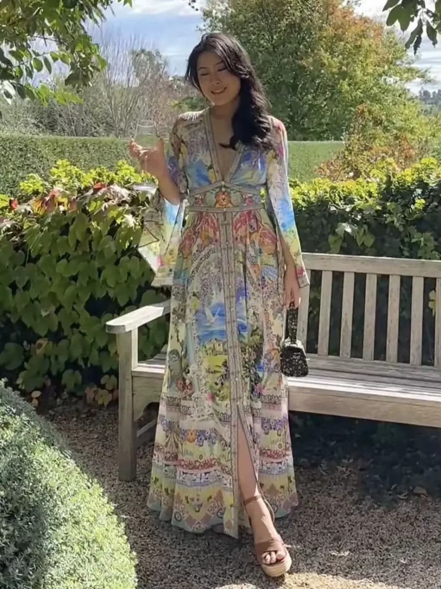 Women Holiday Style Print Maxi Dress Crystal Beaded V-Neck Flare Sleeve High Waist Single Breasted Fashion Ladies 100% Silk Robe