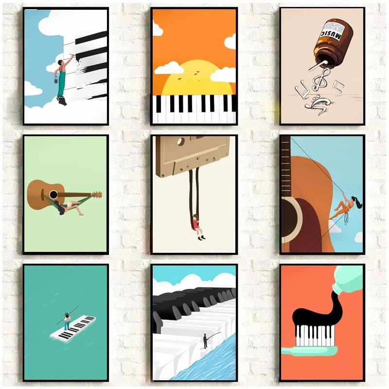 Cartoon Abstract Simple Interesting Music Piano Guitar Notes Poster Canvas Paint Prints Art Pictures Room Home Wall Decor Gif