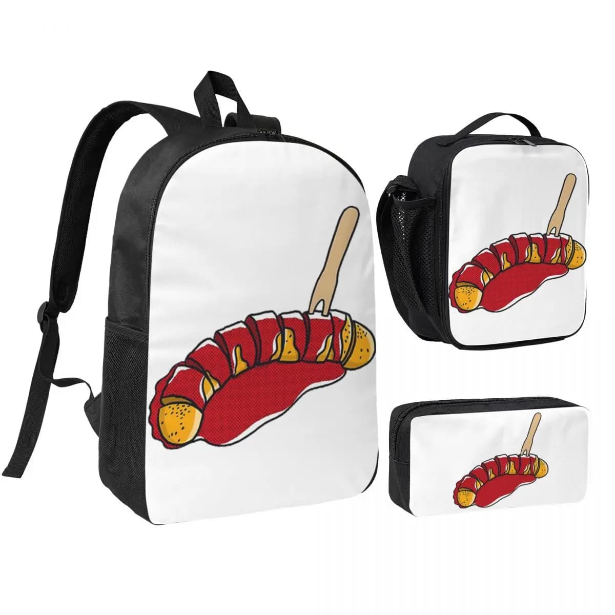 Zaino Currywurst Pure, borsa per libri per studenti, borsa da scuola, borse a tracolla, 3 pezzi, borsa termica per il pranzo, astuccio per matite