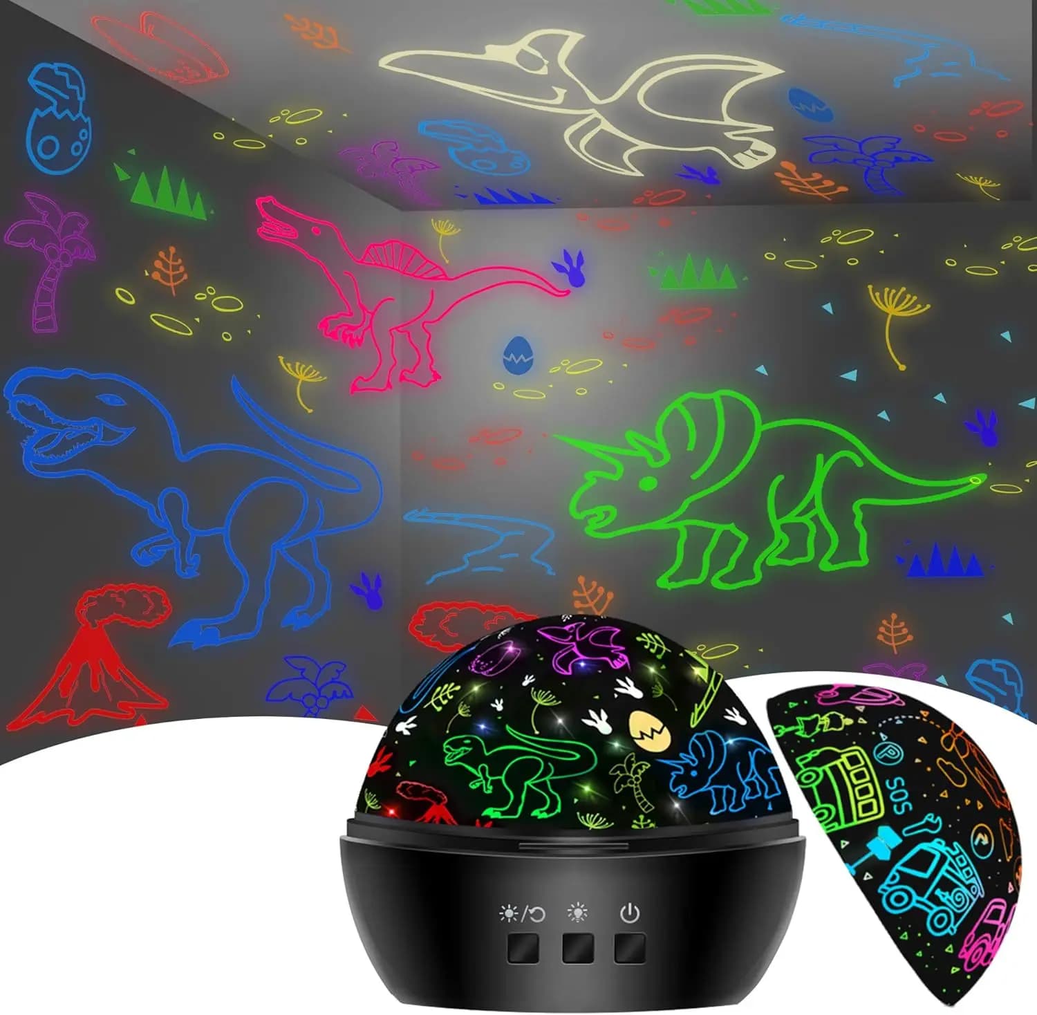 Proiettore di Luce Notturna 2-in-1 a Forma di Dinosauro per Bambini dai 3 ai 10 Anni, 16 Colori, USB/Batteria