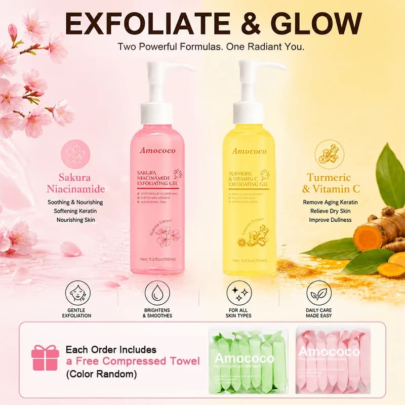 Amococo 1/2pcs Exfoliating Gel 150ml With Free Compressed Towel Face Body Peeling Gel With Turmeric Vitamin C or Sakura Niacinamide Extract Gentle Skin Care Scrub for Removing Dead Skin and Improving Skin Smoothness