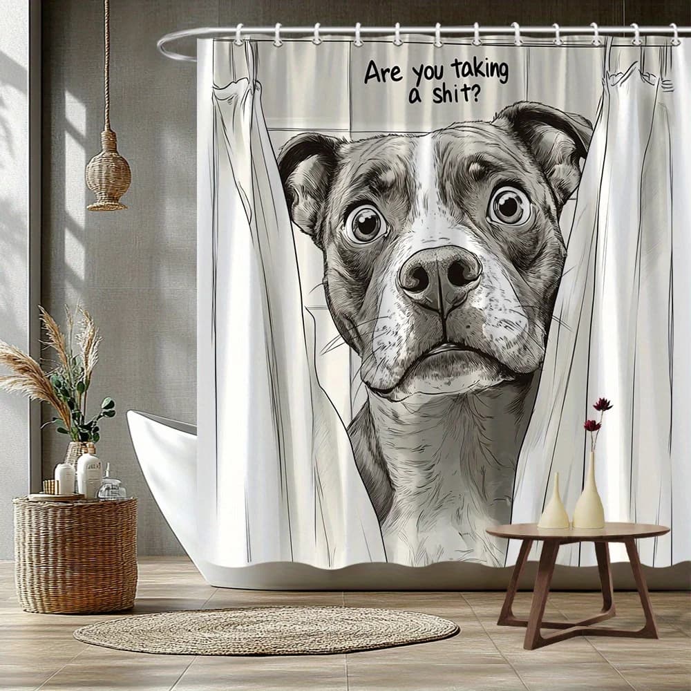 1pc Humorous Pit Bull Shower Curtain - "Are You Taking a Shit?" Text with Expressive Eyes Peeking Design, Realistic Shading & Ti