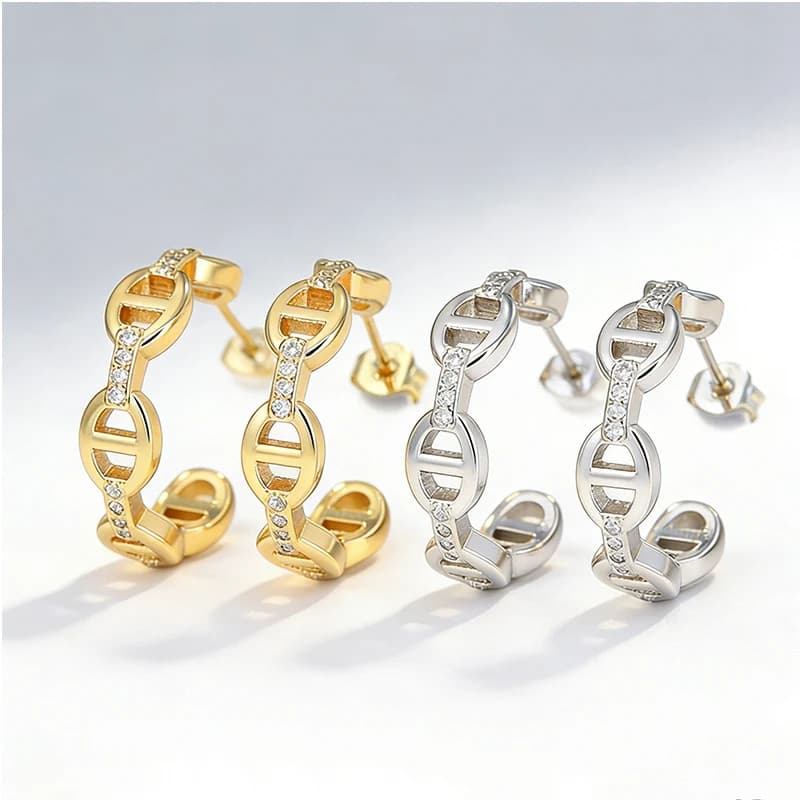 Orecchini a Cerchio con Catena a Naso di Maiale Placcati in Oro 18K | Zirconia Cubica AAA | Antiallergico | Gioielli di Lusso Minimalisti per Regali da Donna