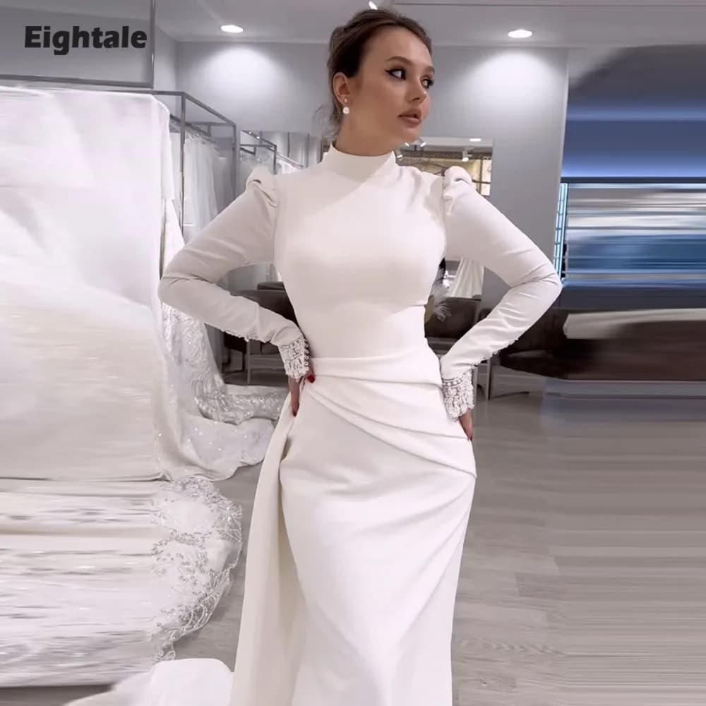 Abito da sposa arabo Eightale Abito da sposa in pizzo avorio personalizzato con collo alto e maniche lunghe Abito da sposa con sirena musulmana