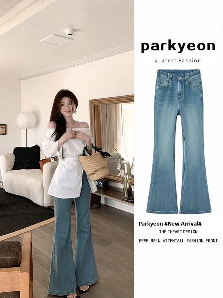Jeans Micro Svasati Verde Chiaro Lavato da Donna Primavera 2026 a Vita Alta, Pantaloni Lunghi Slim Fit in Denim con Orlo che Arriva alla Caviglia