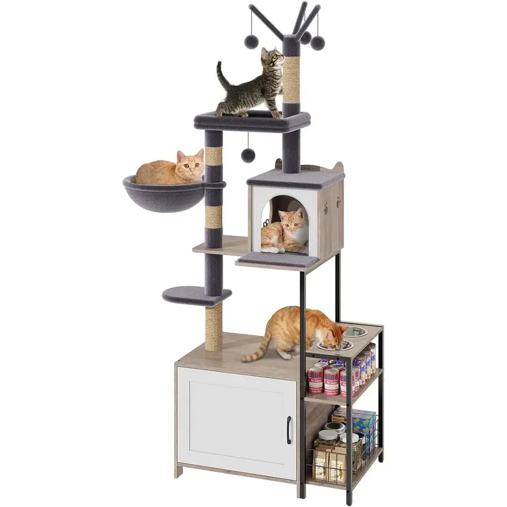 Torre per Gatti Multi-Livello con Tiragraffi, Recinto per Lettiera e Amaca in Peluche, Disponibile in Grigio o Cozy