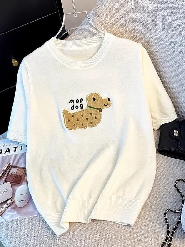 Slim Fit Short Sleeve Knitted Rayon Women's T-Shirt White Thin Summer Fashionable Top Korean Style round Neck Basic Design