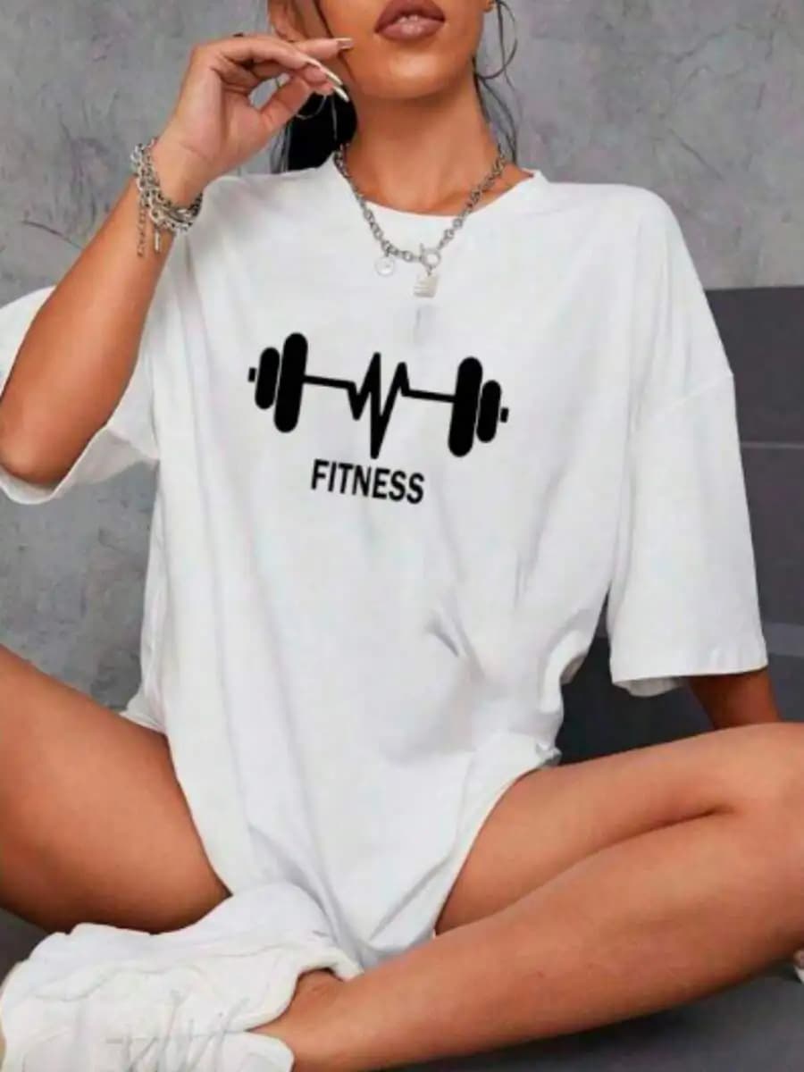 T-shirt bianca da palestra con linea nera a forma di manubrio e battito cardiaco - Maglietta sportiva a maniche corte per allenamento e abbigliamento casual