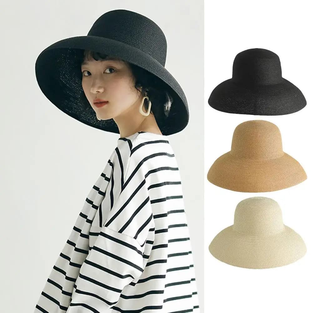 Cappello di paglia a tesa larga stile Hepburn francese cappello da sole estivo fatto a mano da donna grande grondaia Beach Fold cappello da pescatore temperamento cappelli piatti