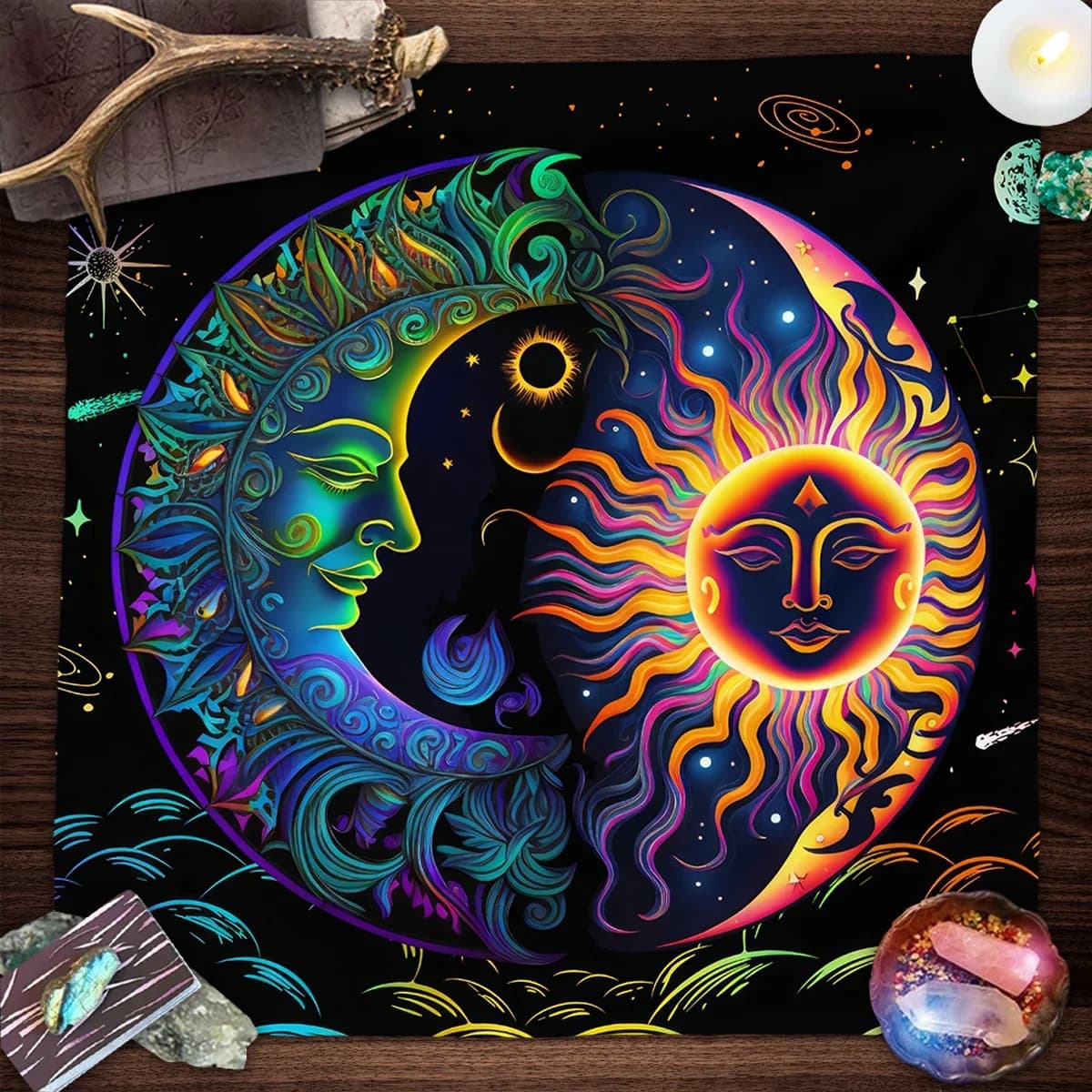 Tovaglia per carte dei tarocchi mistici colorati sole e luna Divinazione astrologica Panno per altare Tappetino per giochi di carte Stregoneria Decorazioni per streghe