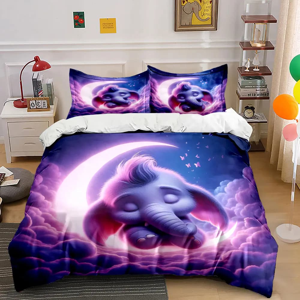 Set di biancheria da letto con stampa di luna da sogno e elefantino addormentato, 3 pezzi, 1 copripiumino, 2 federe, per adulti e bambini, regalo di lusso