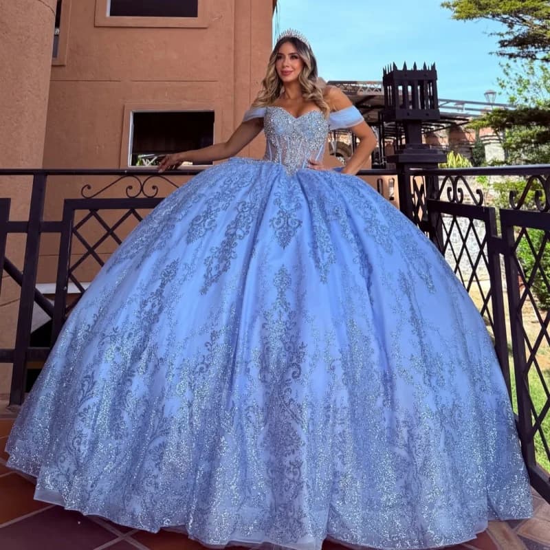 Blue Quinceanera Dress Silvery Glitter Crystal Decal Tull Long Tail off-shoulder Bow Vestidos De 15 Quinceanera Customize