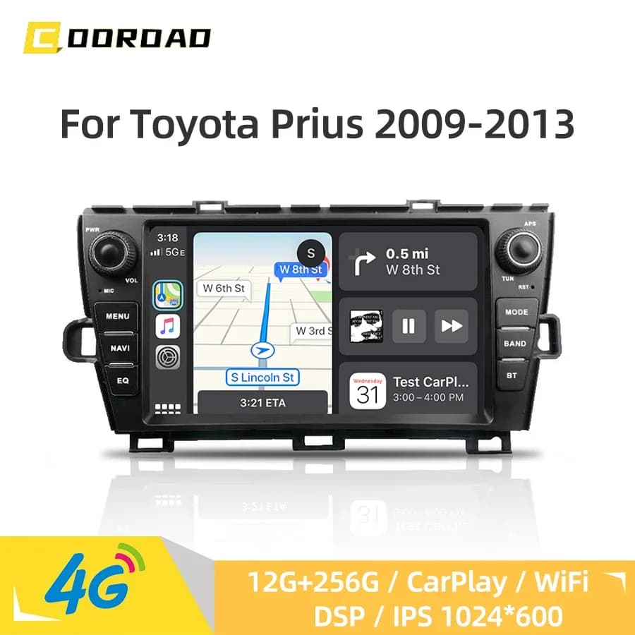 Lettore multimediale per auto Android 14.0 CarPlay Navigazione GPS 4G WiFi Bluetooth DSP RDS Autoradio stereo per Toyota Prius 2009-2013