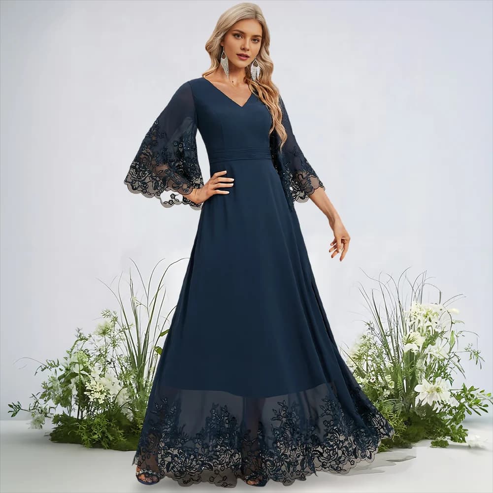 JHG Women Navy A-Line Evening Dress V-Neck Floor-Length Lace Chiffon Gown With Pleated Sequins 3/4 Sleeve Prom Wedding Formal