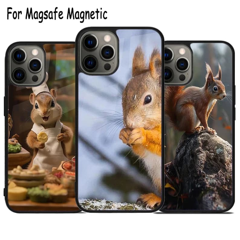 Custodia per telefono con ricarica wireless e motivo a scoiattolo per iPhone 17 Air 15 16 16e 14 13 11 12 Pro Max Plus, Cover Magnetica Magsafe