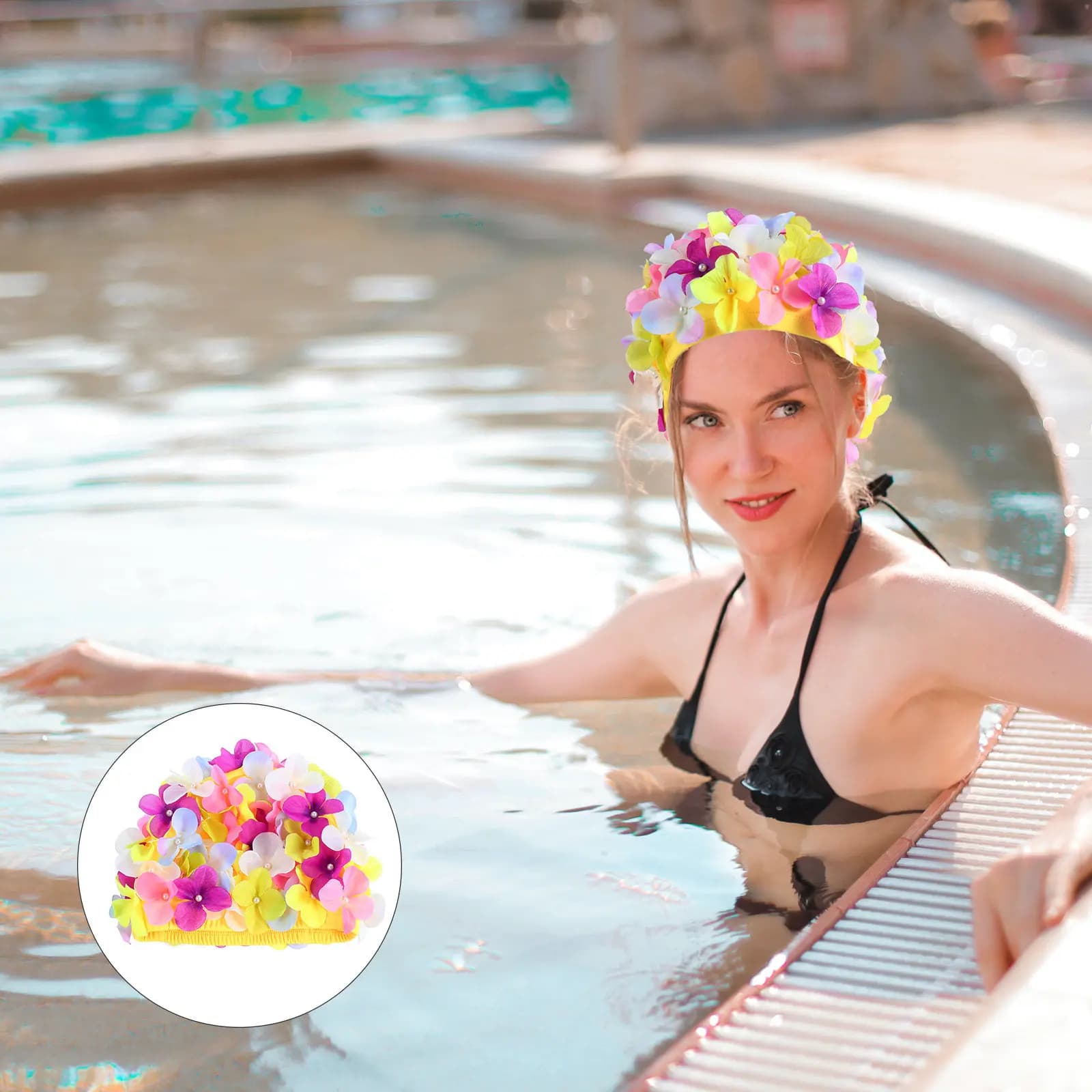 1Pcs Eco-Friendly Flower Swim Cap Lightweight Swimming Hat Ear Protector Waterproof for Women Girls Pool Summer Beach