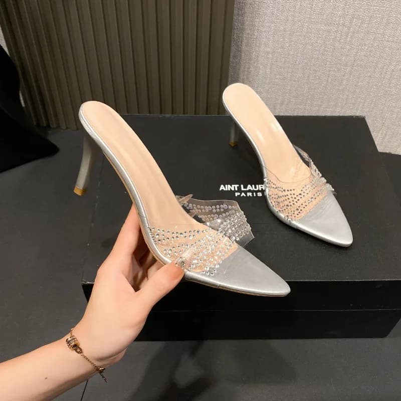 Sexy Women's High Heels Slippers Transparent PVC Thin Heel Sandals Pointed Open Toe High Heels Slippers Luxury Rhinestone Slides