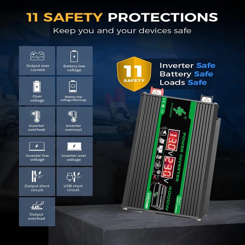 Inverter Solare Portatile 4000W DC 12V a AC 110/220V con Doppia USB e Display LCD, Power Bank per Auto, Convertitore per Campeggio e Camper, Spina Universale