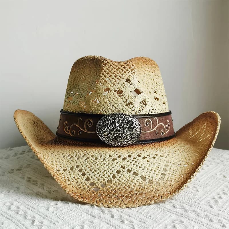 nuovi uomini cappello di paglia da cowboy moda donna cappello di paglia a tesa larga con cintura festa all'aperto estate cowgirl spiaggia cappello da sole sombrero vaquer