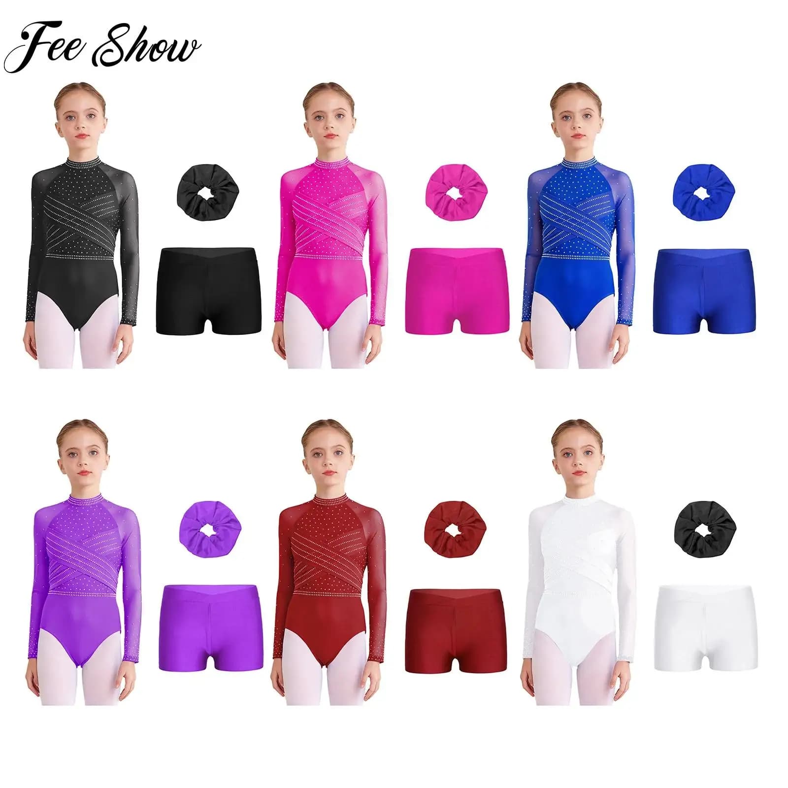 Set di vestiti da danza classica per ginnastica con strass lucidi per ragazze, bambini, manica lunga, maglia trasparente, atletica, pattinaggio su ghiaccio