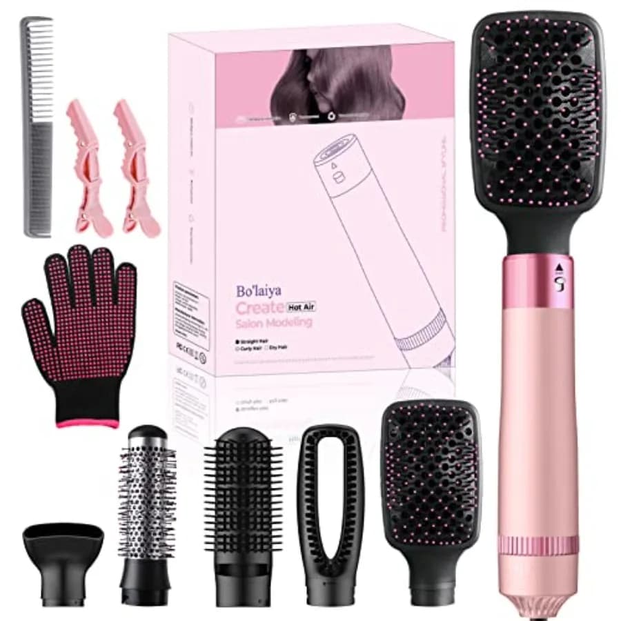 5-in-1 Hair Dryer Brush, Negative Ion Hot Air Blow Dryer Brush Set, Includes Curler, Straightener, Volumizer, Can be Used for S