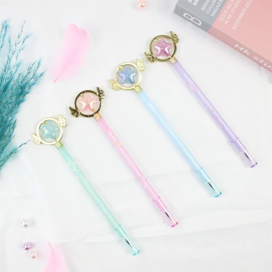 Penne Gel Magiche a Forma di Bacchetta di Cristallo Kawaii, Design Sakura, Inchiostro Nero, Cancelleria Carina per Studenti, Regalo per Ragazze, Ufficio